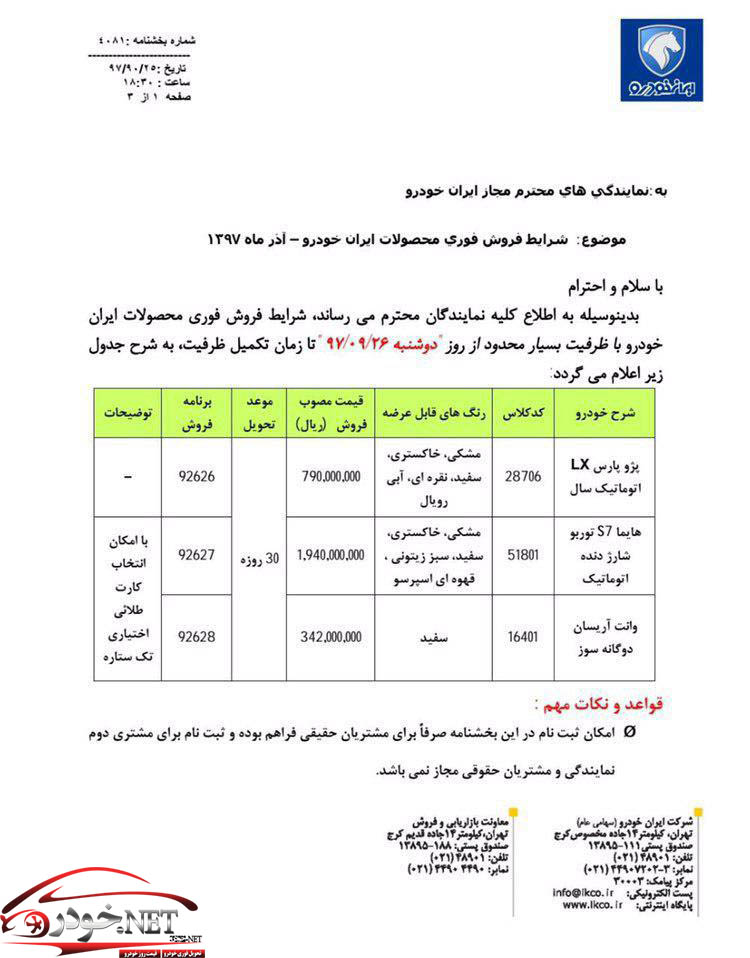  طرح جدید پیش فروش محصولات ایران خودرو آذر97	